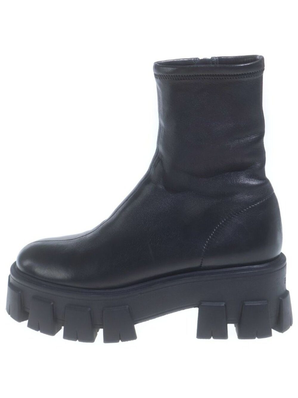 Prada Monolith Stretch Nappa Leather Booties Side Zip High Cut Boots Black